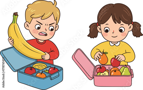 Kids eating healthy lunch, boy holding banana, girl happy with fruit box, school lunch illustration, nutrition, children food, healthy lifestyle