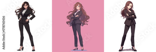 A confident businesswoman stands with arms crossed, showcasing her stylish suit. Her long hair flows elegantly as she exudes professionalism and strength.