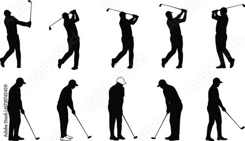 Golf player silhouette collection, professional golfer swing action, sports man with club, hitting ball, training practice, competition vector illustration design