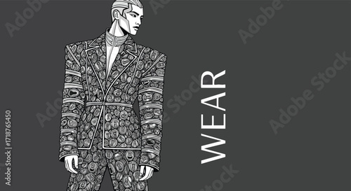 Stylish male model wearing unique suit made from recycled cans Fashion Recycling Sustainability Illustration Model Design Wear Art Pop Eco