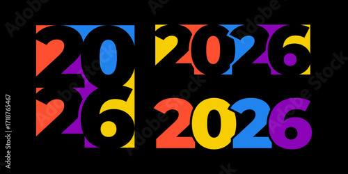 Colorful and abstract graphic design icon of the year 2026, with dynamic overlapping numbers symbolizing future opportunities and fresh starts on a striking black backdrop