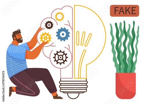 Man kneeling to fix colorful gears representing innovation in a light bulb, fake-marked potted plant nearby. Ideal for creativity, problem solving, innovation, authenticity, artificiality