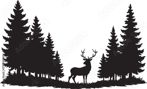 Vintage silhouette of a forest scene with a deer standing in a clearing evoking a sense of depth and wildlife isolated on white background