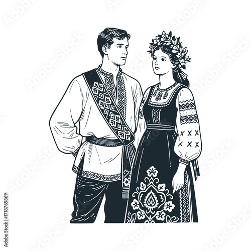 Ukraine couple. Man in vyshyvanka shirt and sash; Woman in embroidered dress with vinok.