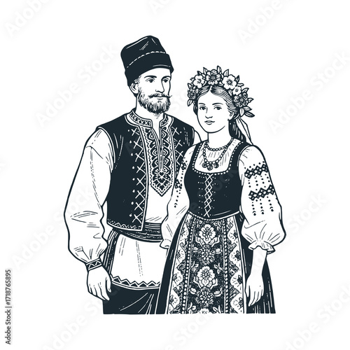 Poland or Polish couple. Man in krakuska cap and embroidered vest; Woman in colorful folk dress with flower crown.