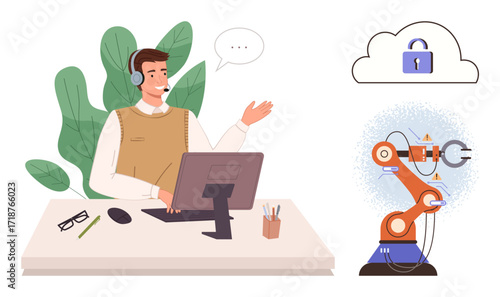 Man with a headset at a desk, robotic arm in action, and secure cloud storage icon. Ideal for customer support, automation, technology, cloud security, telecommunication teamwork innovation. Simple