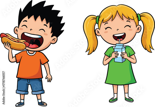 Cartoon kids enjoying fast food, boy eating hotdog, girl drinking juice, happy children meal time, fun eating illustration