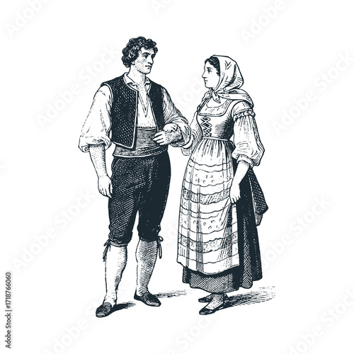 Italy (Sardinia) couple. Man: short vest & breeches • Woman: colorful layered dress with headscarf. Traditional dress clothes.