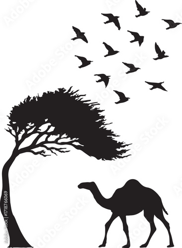Silhouette of a solitary tree with birds struggling against the wind evoking a retro resistance theme isolated on white background