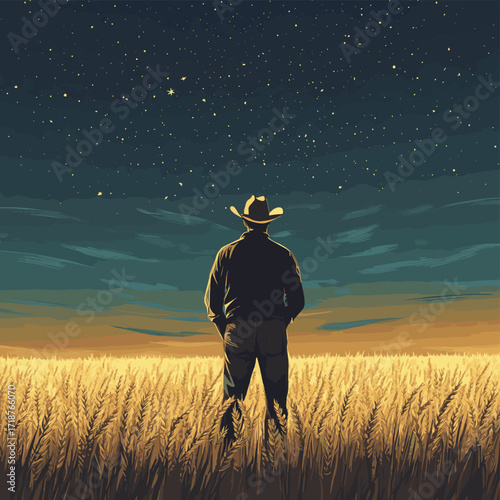 Farmer facing away in a field of wheat at night