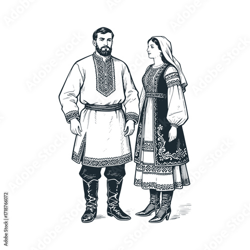 Armenian couple. Man: wool coat (chokha style). Woman: long embroidered dress. Traditional dress clothes.