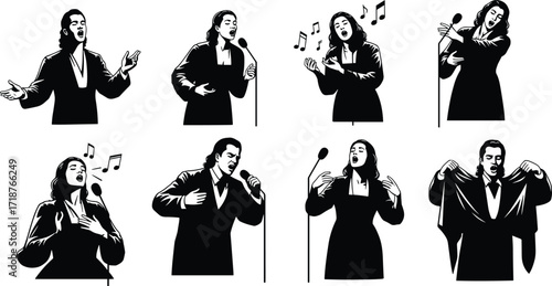 Opera singer illustration, classical music performance, male and female vocalists, emotional singing art, stage concert expression, dramatic artistic opera performers