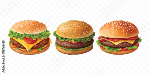 realistic tasty beef burger set in different style isolated on transparent background