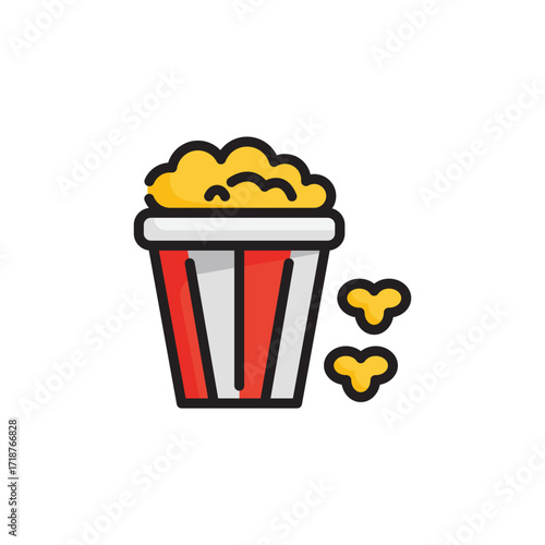 Cartoon popcorn bucket with striped design and overflowing yellow popcorn. Icon vector illustration