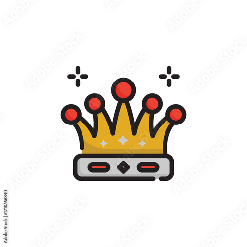 Cartoonstyle gold crown with red gems adorned with sparkling elements. Icon vector illustration