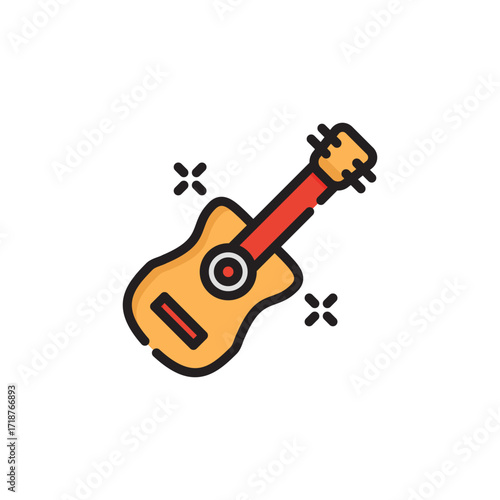 Cartoonstyle ukulele outlined in black with a yellow body red neck and black X sparkles on either side. Icon vector illustration