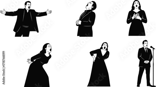 Opera singer performing, classical music vocalist, emotional stage performance, dramatic concert art, male and female opera singers illustration, cultural artistic expression