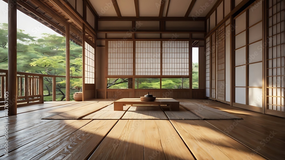 Naklejka premium Japanese-style wooden terrace, shoji screens, tatami mats, serene 3D render