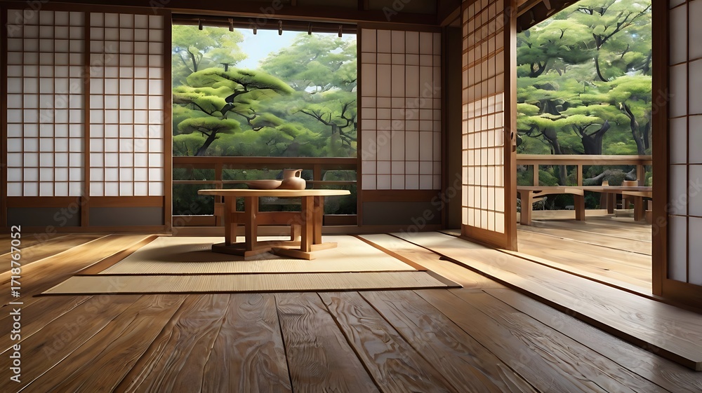 Naklejka premium Japanese-style wooden terrace, shoji screens, tatami mats, serene 3D render