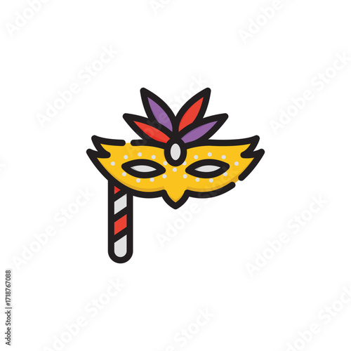 Gold masquerade mask with feather accents and striped handle. Icon vector illustration