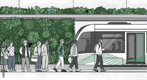 Diverse commuters interacting with public transport next to green wall Urban Sustainable Mobility Eco-Friendly City Life Vector Art