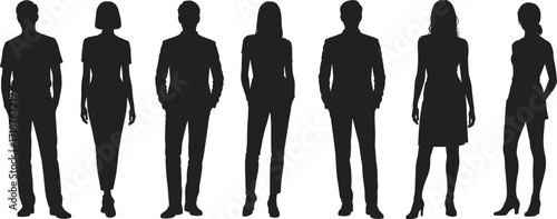 Business people silhouette group standing together, men and women in office attire, corporate teamwork illustration, professional staff concept, leadership success