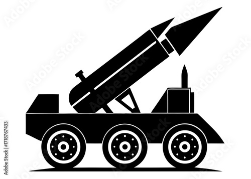 Mobile rocket artillery black vector silhouette on white background