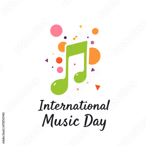 Vibrant graphic illustration of a green musical note amidst colorful abstract shapes, symbolizing universal joy and harmony for global music celebrations