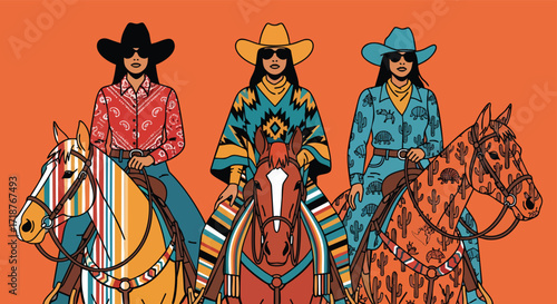 Three diverse cowgirls riding horses colorful western outfits vibrant illustration fashion rodeo diversity desert patterns tribal art