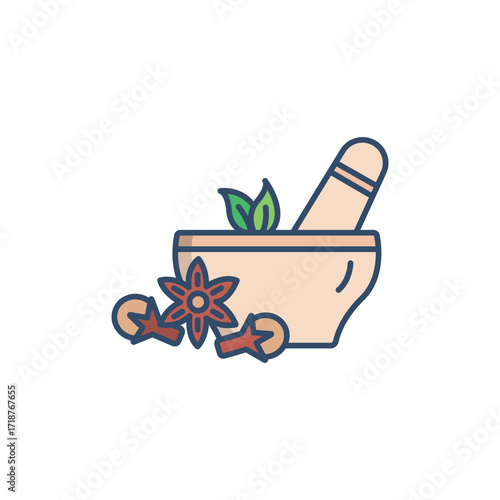 Mortar  pestle with leaves and star anise. Icon vector illustration