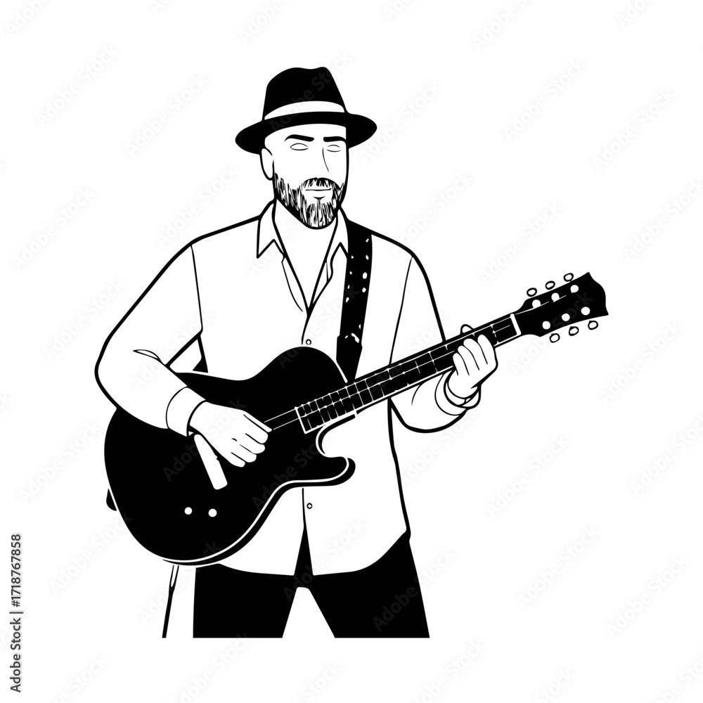 Fototapeta premium Black and white line art of a cool man playing guitar in casual outfit minimalist stylish illustration 