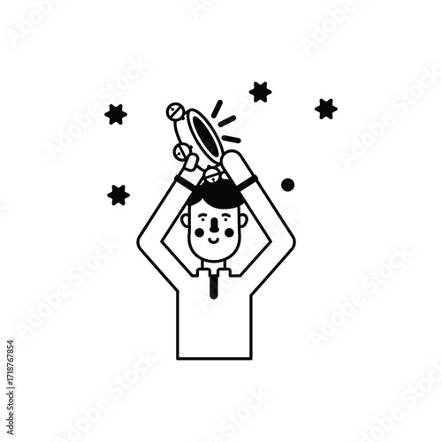 Person clapping a tambourine surrounded by star shapes.