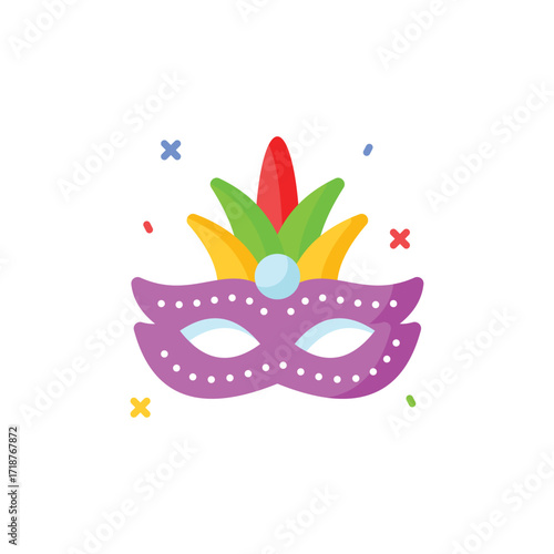 Purple decorated Mardi Gras mask with feather accents and festive confetti. Icon vector illustration