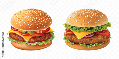 realistic tasty beef burger set in different style isolated on transparent background