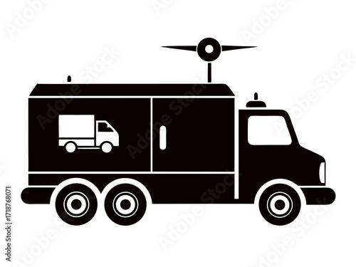 Drone carrier truck black vector silhouette on white background