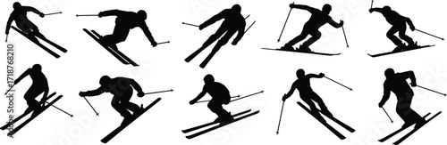 Silhouettes of skiers skiing downhill, winter sports activity, ski slope action, extreme snow sport vector, professional skiing illustration, mountain adventure graphic