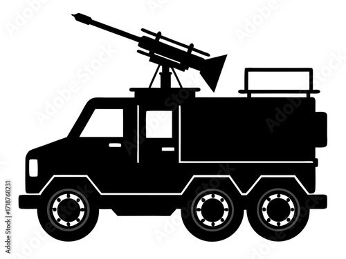 Anti aircraft gun truck black vector silhouette on white background