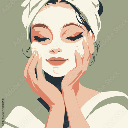 A woman relaxes while applying a facial mask at home. She wears a towel on her head and shows a peaceful expression. Sunlight fills the room, creating a calm atmosphere.