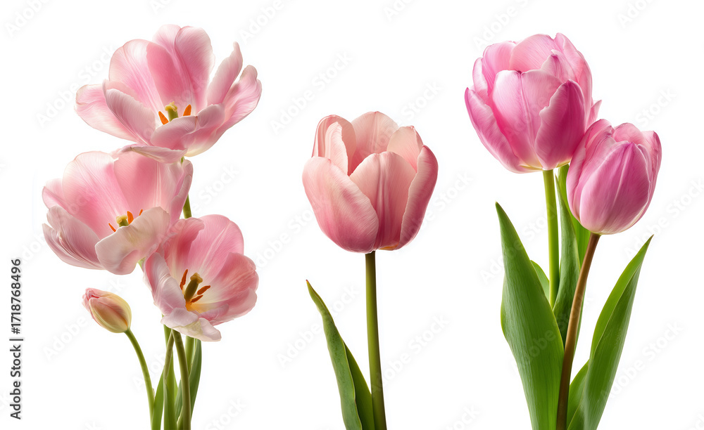Fototapeta premium Close-up of blooming pink tulip flowers with delicate petals and green stems isolated on white background – elegant botanical photography for spring design, decoration, and floral projects
