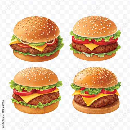 realistic tasty beef burger set in different style isolated on transparent background