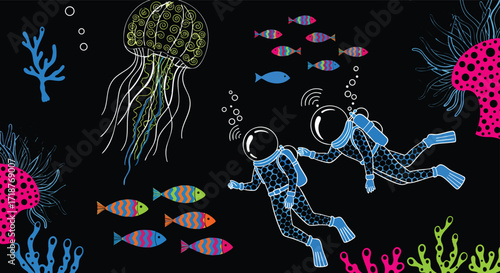 Vibrant underwater illustration with divers jellyfish and colorful sea creatures scuba ocean marine coral fish neon vector abstract black background
