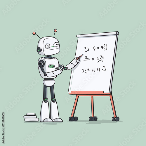 A friendly robot stands next to a whiteboard, explaining mathematical equations with a pointer. The scene is in a simple classroom with books nearby.