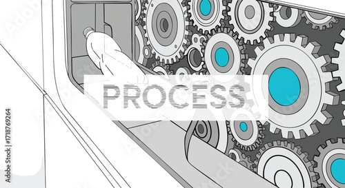 Industrial machine manufacturing plastic bottle assembly with many gears system automation factory engineering mechanism production cogs progress