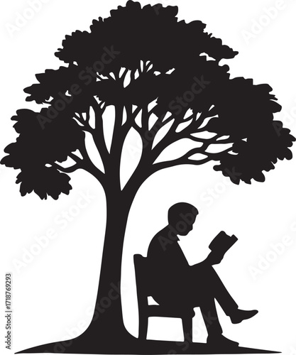 Silhouette of a person reading a book on a bench under a tree evoking a vintage intellectual vibe isolated on white background