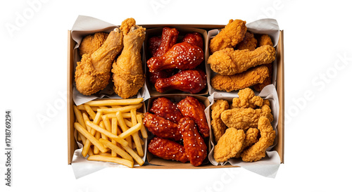 Crispy Fried Chicken Combo Meal in Box, French Fries, Tasty Dinner, Overhead Shot