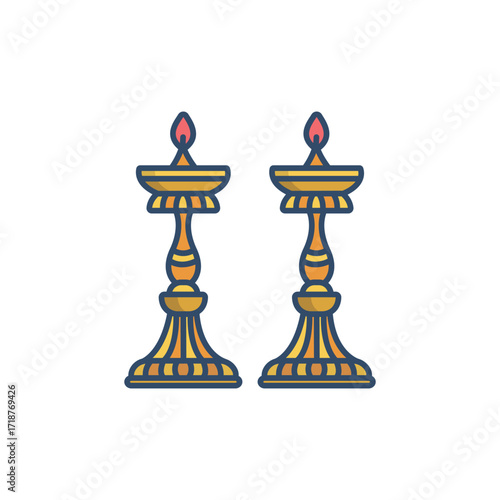 Two golden oil lamps with flames are placed side by side. Icon vector illustration