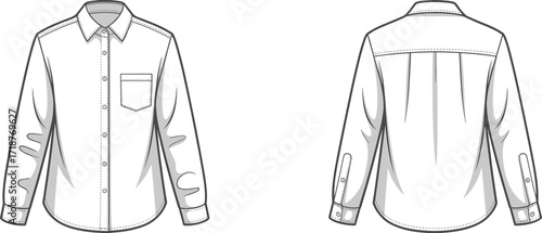 Long sleeve shirt template, formal button up shirt design, classic dress shirt mockup, front and back view, vector illustration