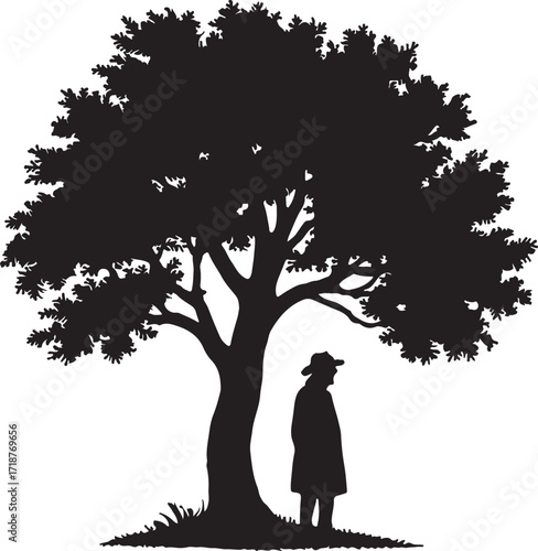 Silhouette of a person in a raincoat and hat standing beneath a tree isolated on white background