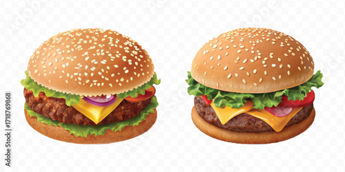 realistic tasty beef burger set in different style isolated on transparent background