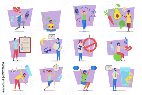 Different people engaged in various health and wellness activities, including exercising, meditating, and planning meals. Importance of healthy lifestyle concept
